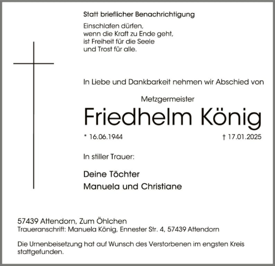 Traueranzeige von Friedhelm König von WA