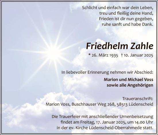 Traueranzeige von Friedhelm Zahle von WA