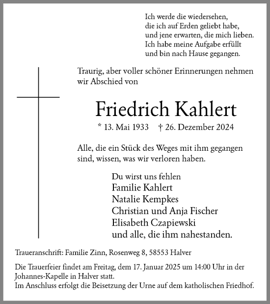Traueranzeige von Friedrich Kahlert von WA