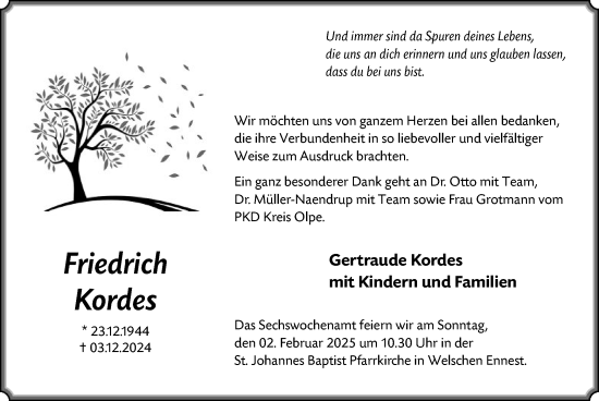 Traueranzeige von Friedrich Kordes von WA