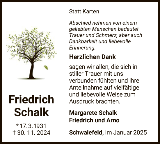 Traueranzeige von Friedrich Schalk von WA