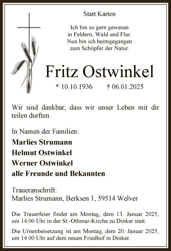 Traueranzeige von Fritz Ostwinkel von WA