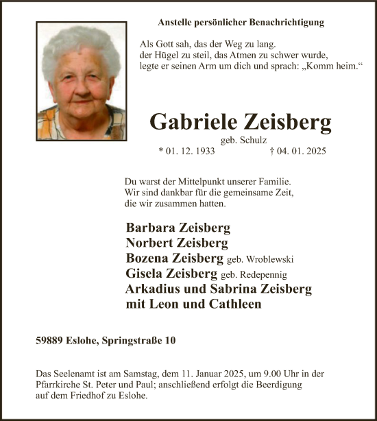 Traueranzeige von Gabriele Zeisberg von WA