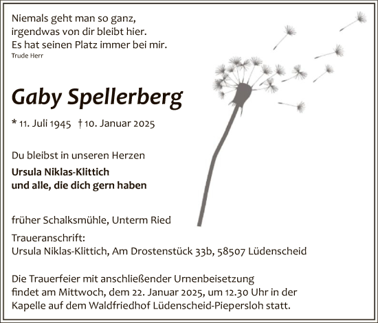 Traueranzeige von Gaby Spellerberg von WA