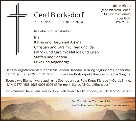 Traueranzeige von Gerd Blocksdorf von WA