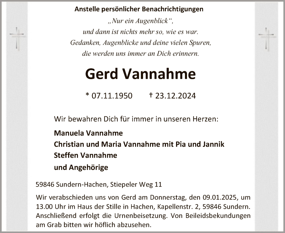  Traueranzeige für Gerd Vannahme vom 04.01.2025 aus WA