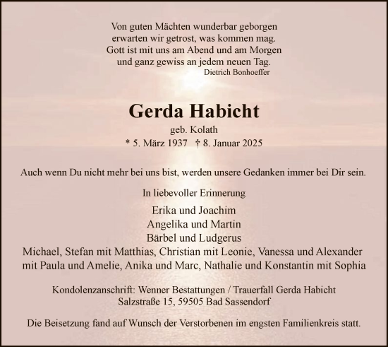 Traueranzeige von Gerda Habicht von WA