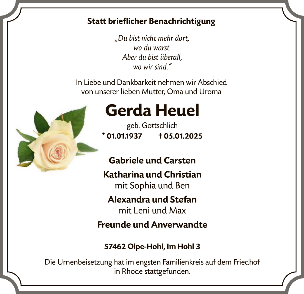 Traueranzeige für Gerda Heuel vom 11.01.2025 aus WA