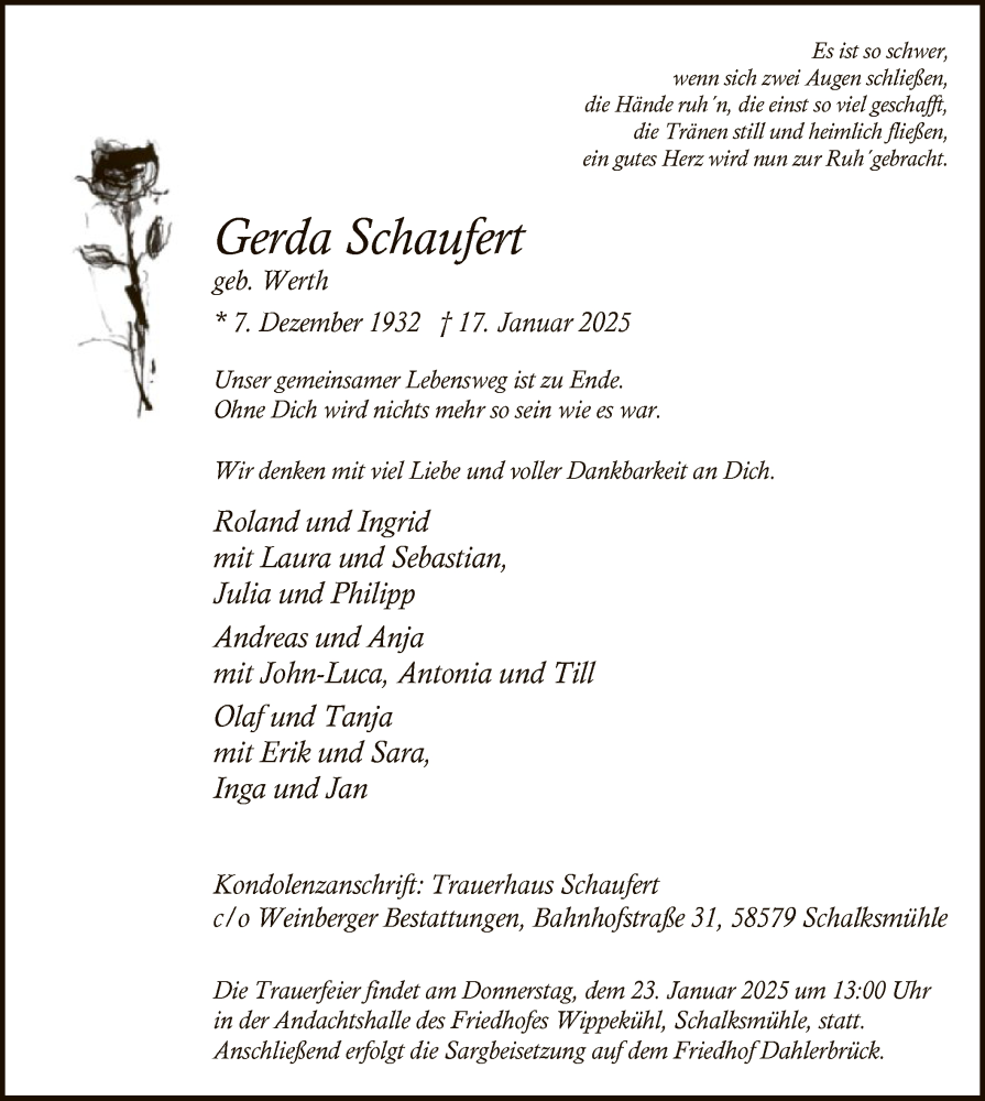  Traueranzeige für Gerda Schaufert vom 22.01.2025 aus WA