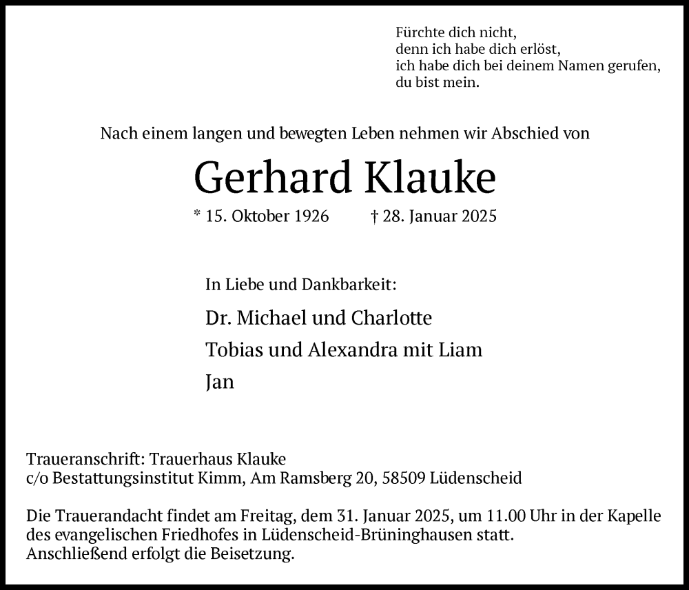  Traueranzeige für Gerhard Klauke vom 30.01.2025 aus WA