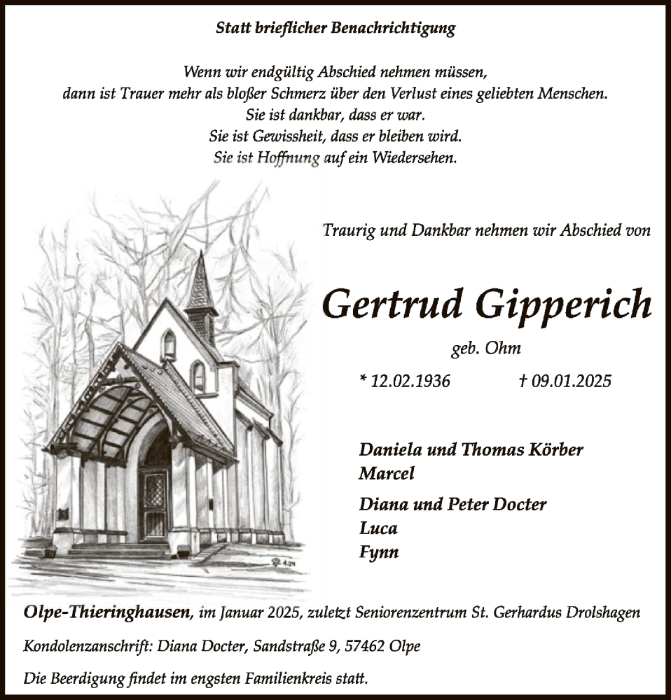  Traueranzeige für Gertrud Gipperich vom 18.01.2025 aus WA