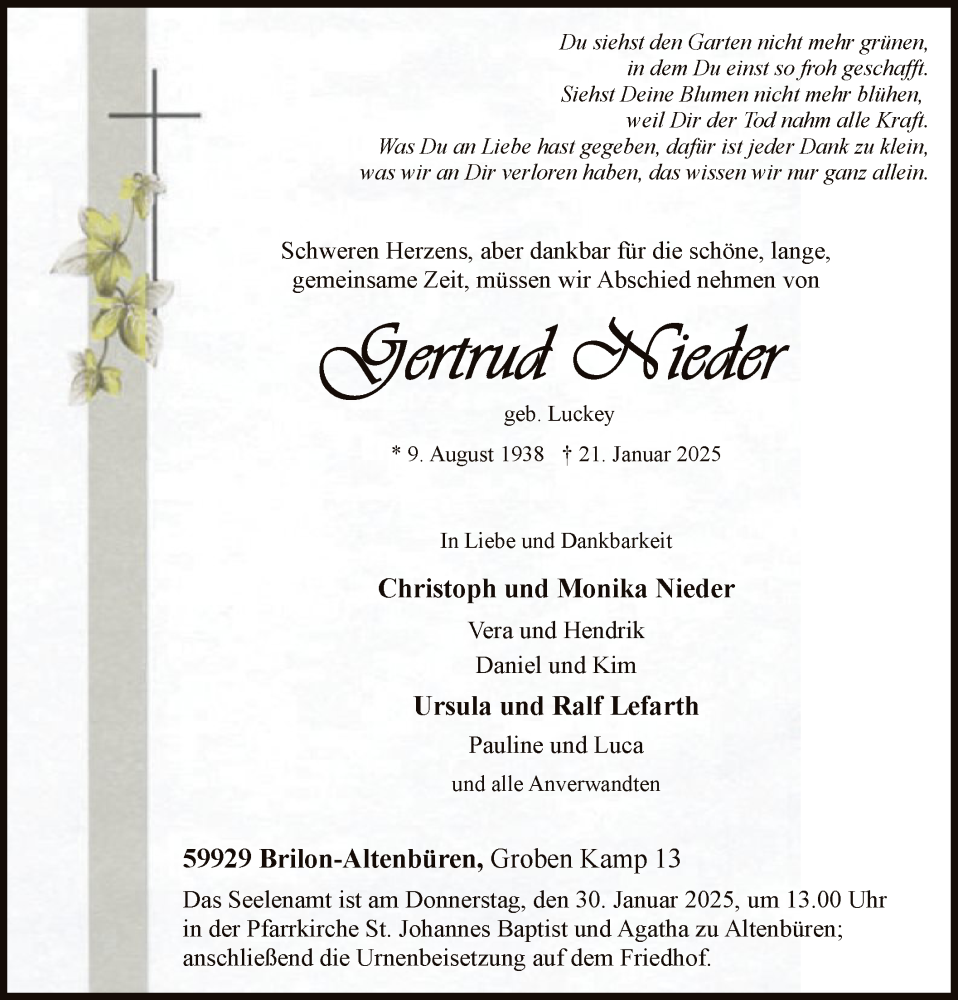  Traueranzeige für Gertrud Nieder vom 25.01.2025 aus WA