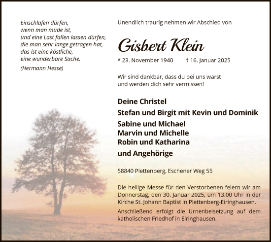 Traueranzeige von Gisbert Klein von WA