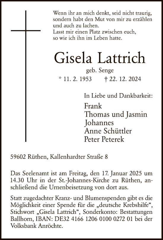 Traueranzeige von Gisela Lattrich von WA