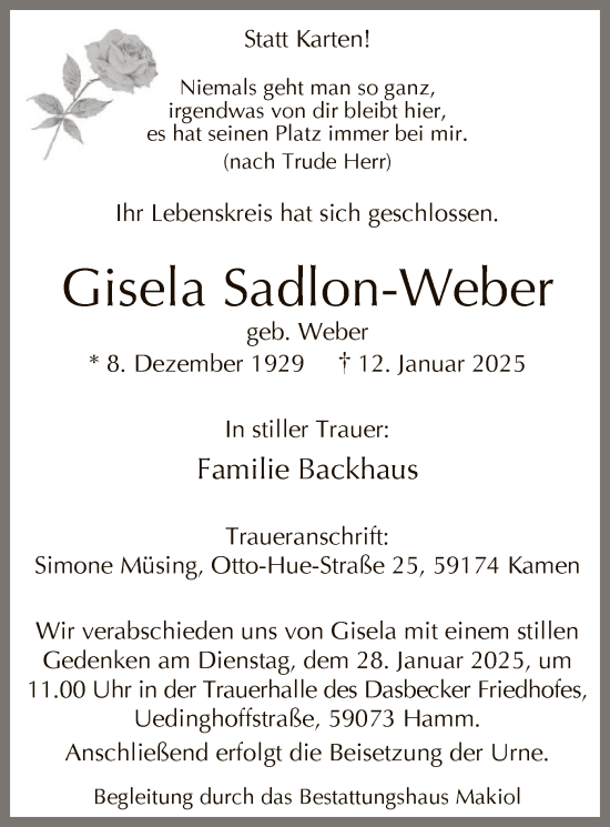 Traueranzeige von Gisela Sadlon-Weber von WA