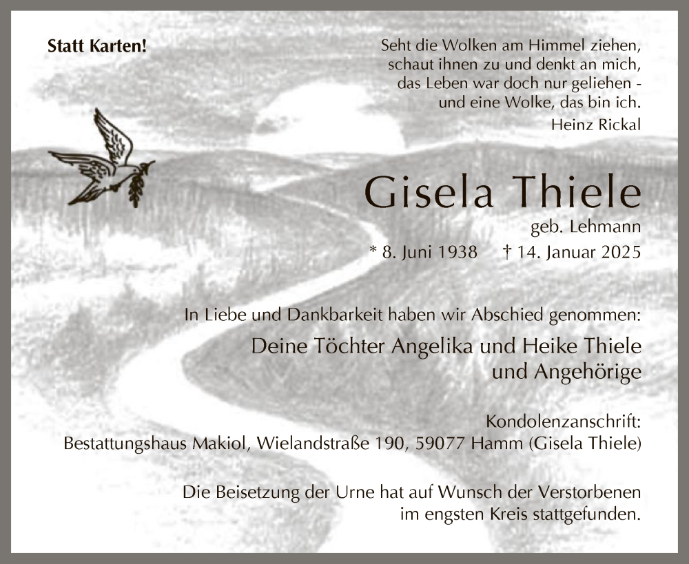  Traueranzeige für Gisela Thiele vom 28.01.2025 aus WA