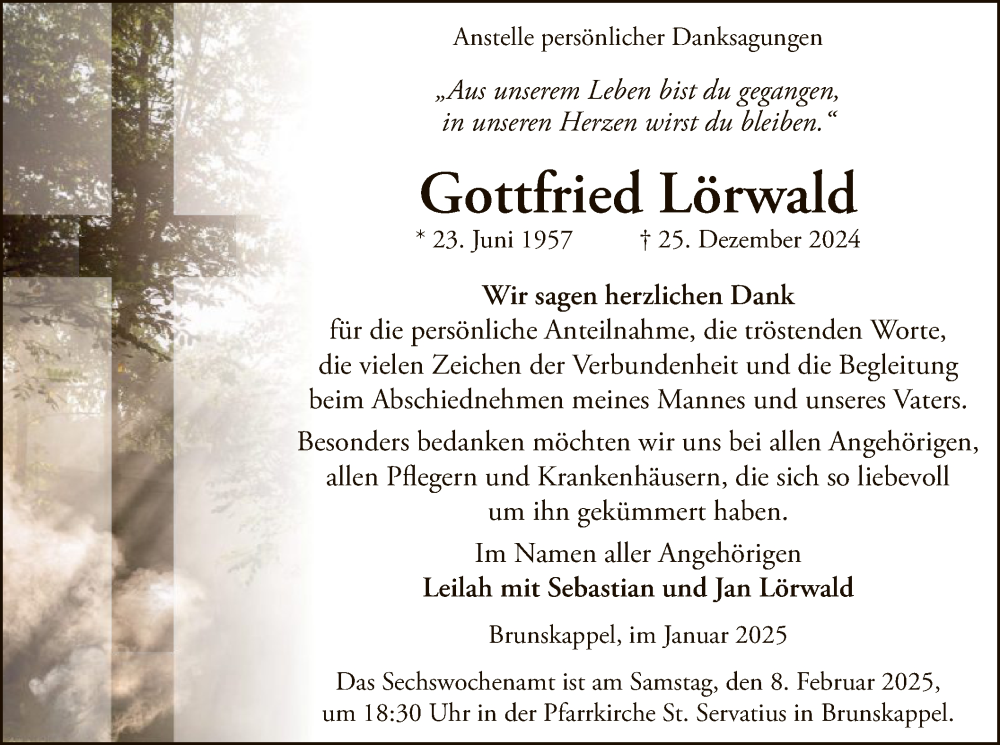  Traueranzeige für Gottfried Lörwald vom 18.01.2025 aus WA