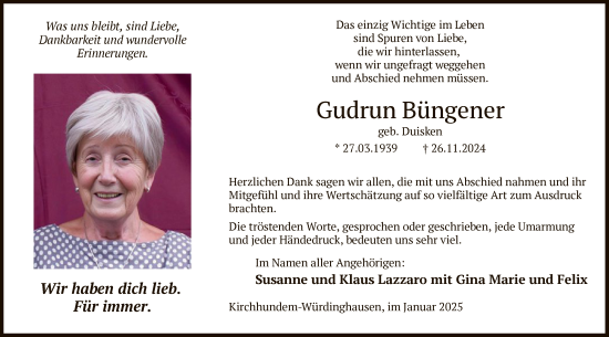 Traueranzeige von Gudrun Büngener von WA