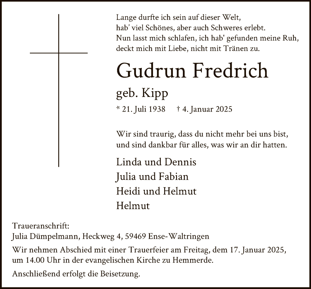  Traueranzeige für Gudrun Fredrich vom 10.01.2025 aus WA