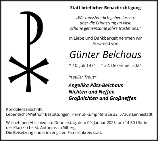 Traueranzeige von Günter Belchaus von WA