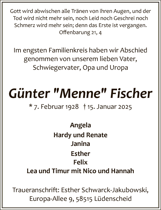 Traueranzeige von Günter Fischer von WA