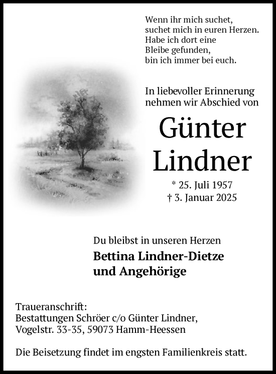 Traueranzeige von Günter Lindner von WA