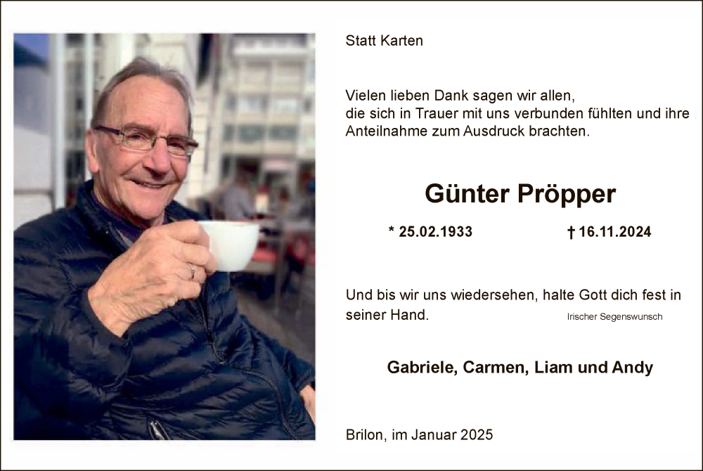  Traueranzeige für Günter Pröpper vom 18.01.2025 aus WA