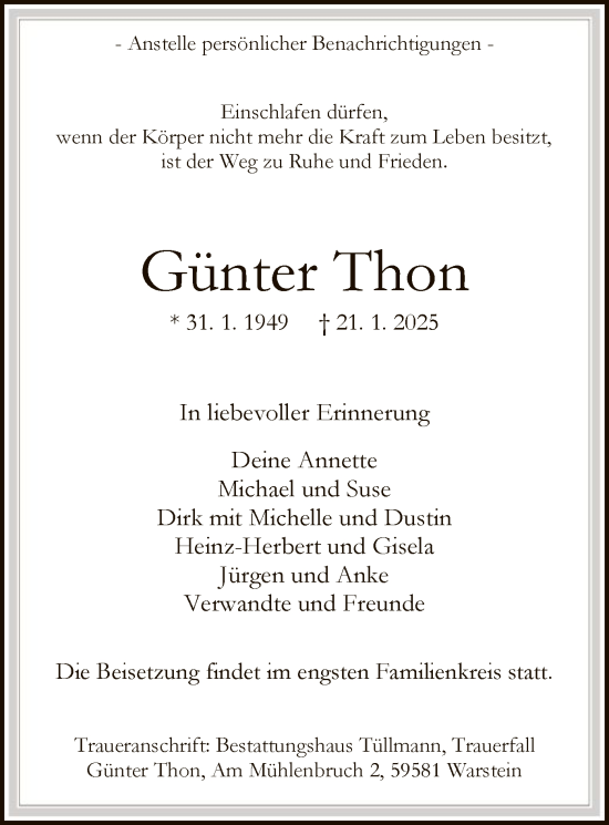 Traueranzeige von Günter Thon von WA