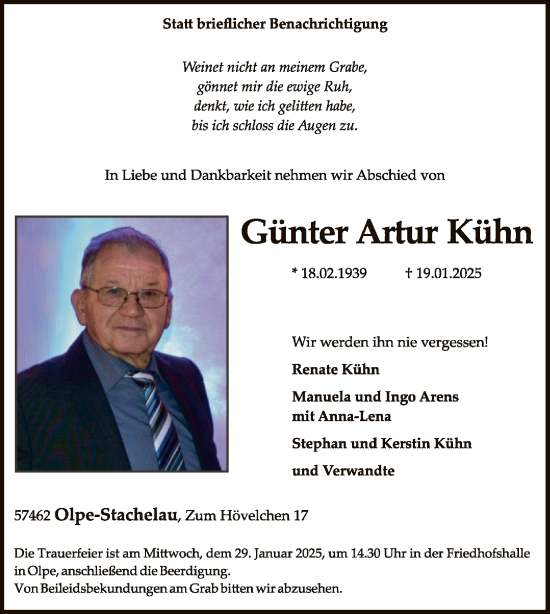 Traueranzeige von Günter Artur Kühn von WA