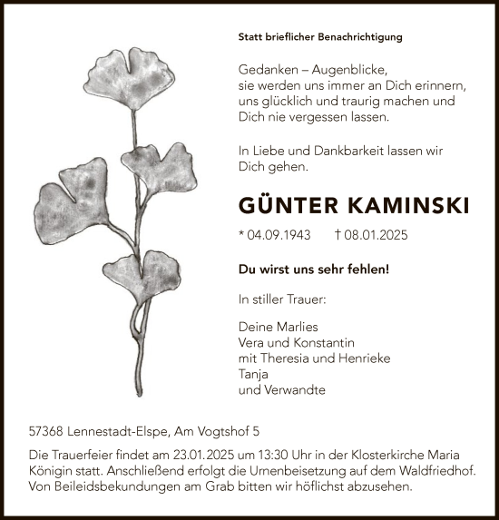 Traueranzeige von Günther Kaminsiki von WA