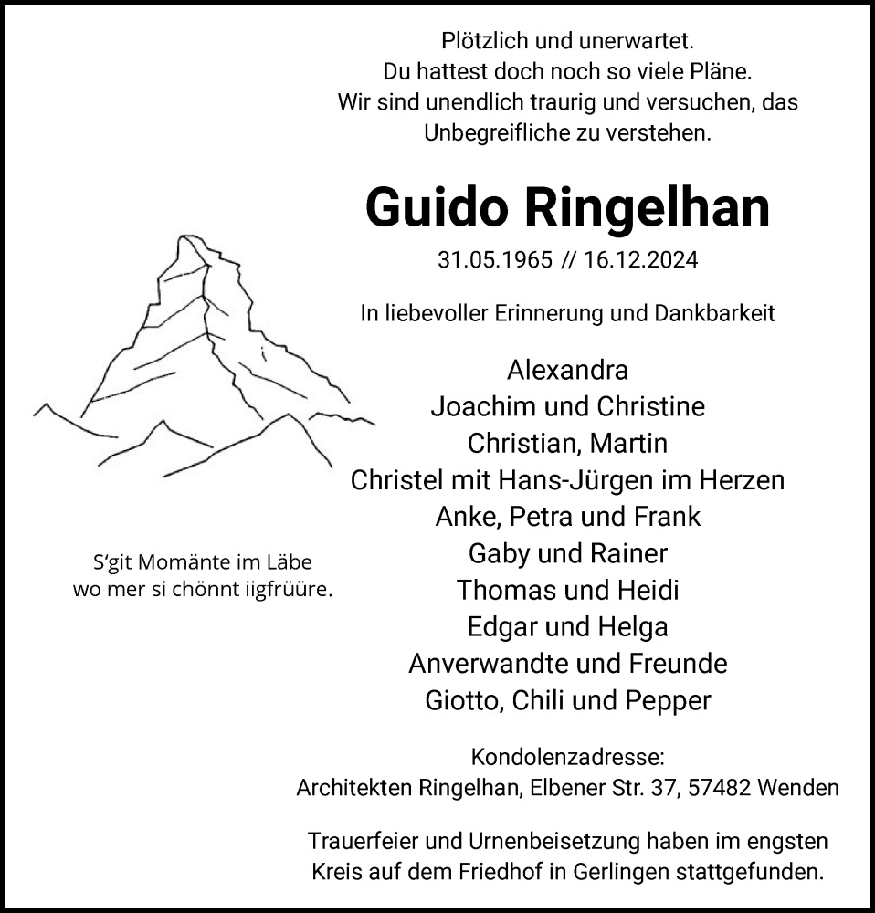  Traueranzeige für Guido Ringelhan vom 25.01.2025 aus WA