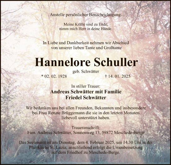 Traueranzeige von Hannelore Schuller von WA