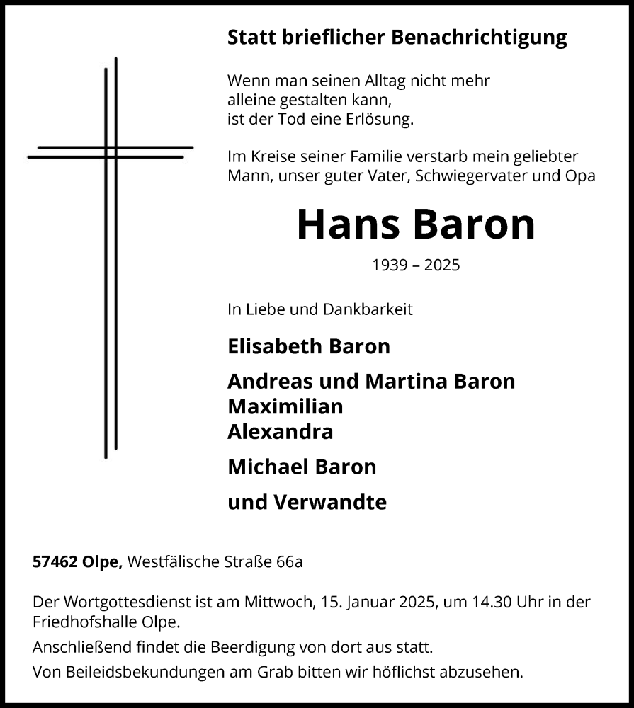 Traueranzeige für Hans Baron vom 11.01.2025 aus WA