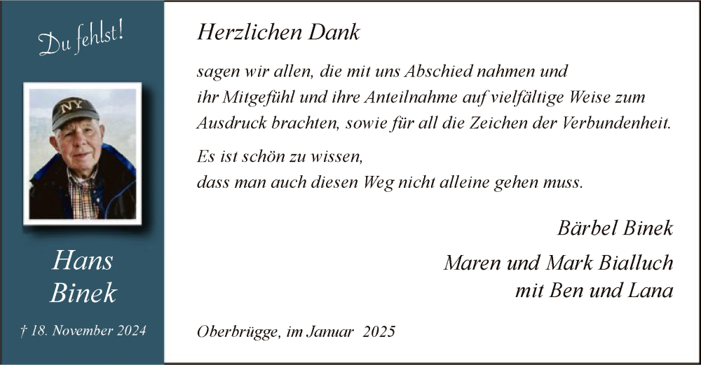  Traueranzeige für Hans Binek vom 18.01.2025 aus WA