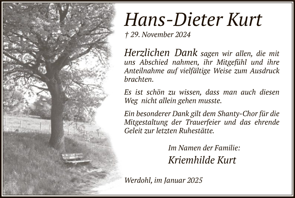  Traueranzeige für Hans-Dieter Kurt vom 22.01.2025 aus WA