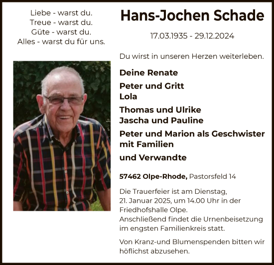 Traueranzeige von Hans-Jochen Schade von WA
