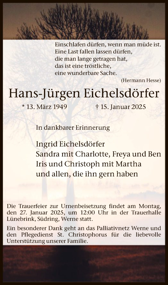  Traueranzeige für Hans-Jürgen Eichelsdörfer vom 24.01.2025 aus WA
