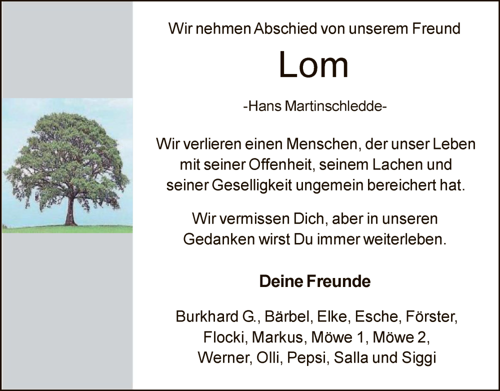  Traueranzeige für Hans Martinschledde vom 04.01.2025 aus WA