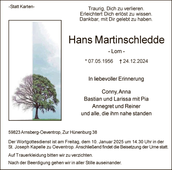 Traueranzeige von Hans Martinschledde von WA