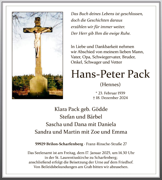 Traueranzeige von Hans-Peter Pack von WA