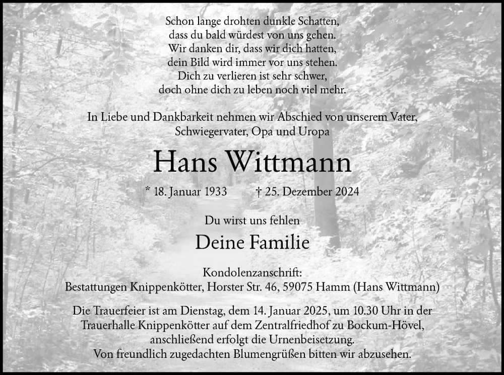  Traueranzeige für Hans Wittmann vom 10.01.2025 aus WA