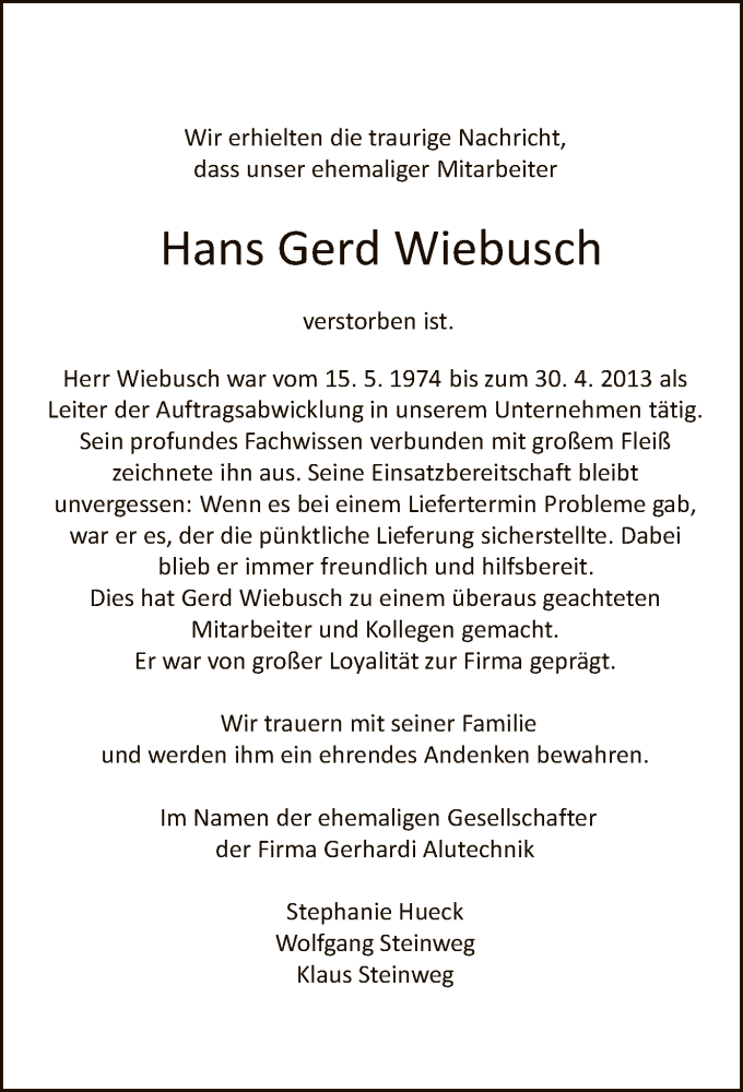  Traueranzeige für Hans Gerd Wiebusch vom 11.01.2025 aus WA