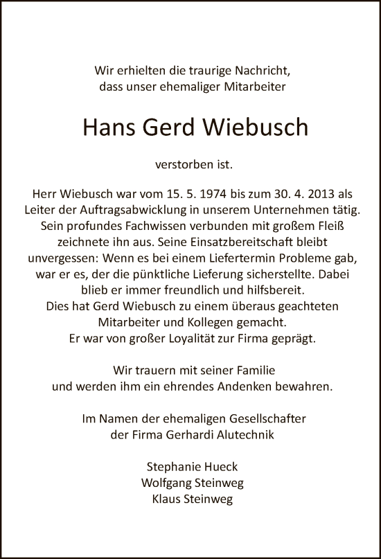 Traueranzeige von Hans Gerd Wiebusch von WA