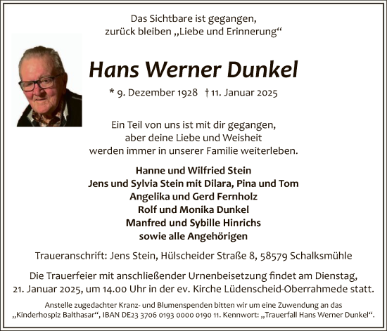 Traueranzeige von Hans Werner Dunkel von WA