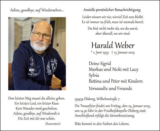Traueranzeige von Harald Weber von WA