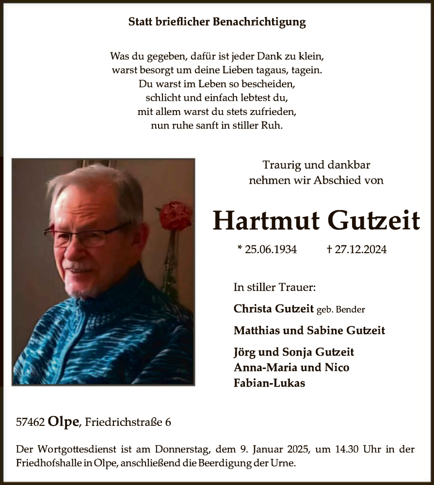  Traueranzeige für Hartmut Gutzeit vom 04.01.2025 aus WA