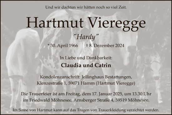 Traueranzeige von Hartmut Vieregge von WA