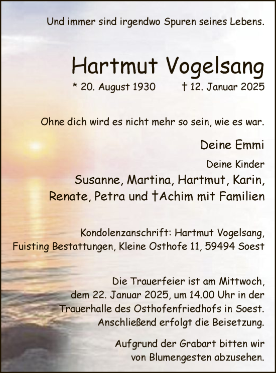 Traueranzeige von Hartmut Vogelsang von WA