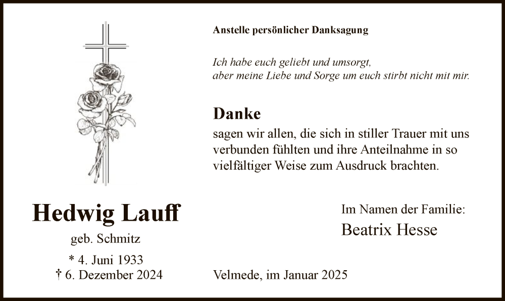  Traueranzeige für Hedwig Lauff vom 18.01.2025 aus WA