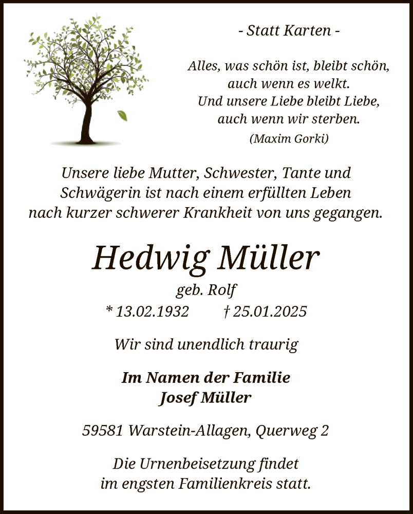  Traueranzeige für Hedwig Müller vom 29.01.2025 aus WA
